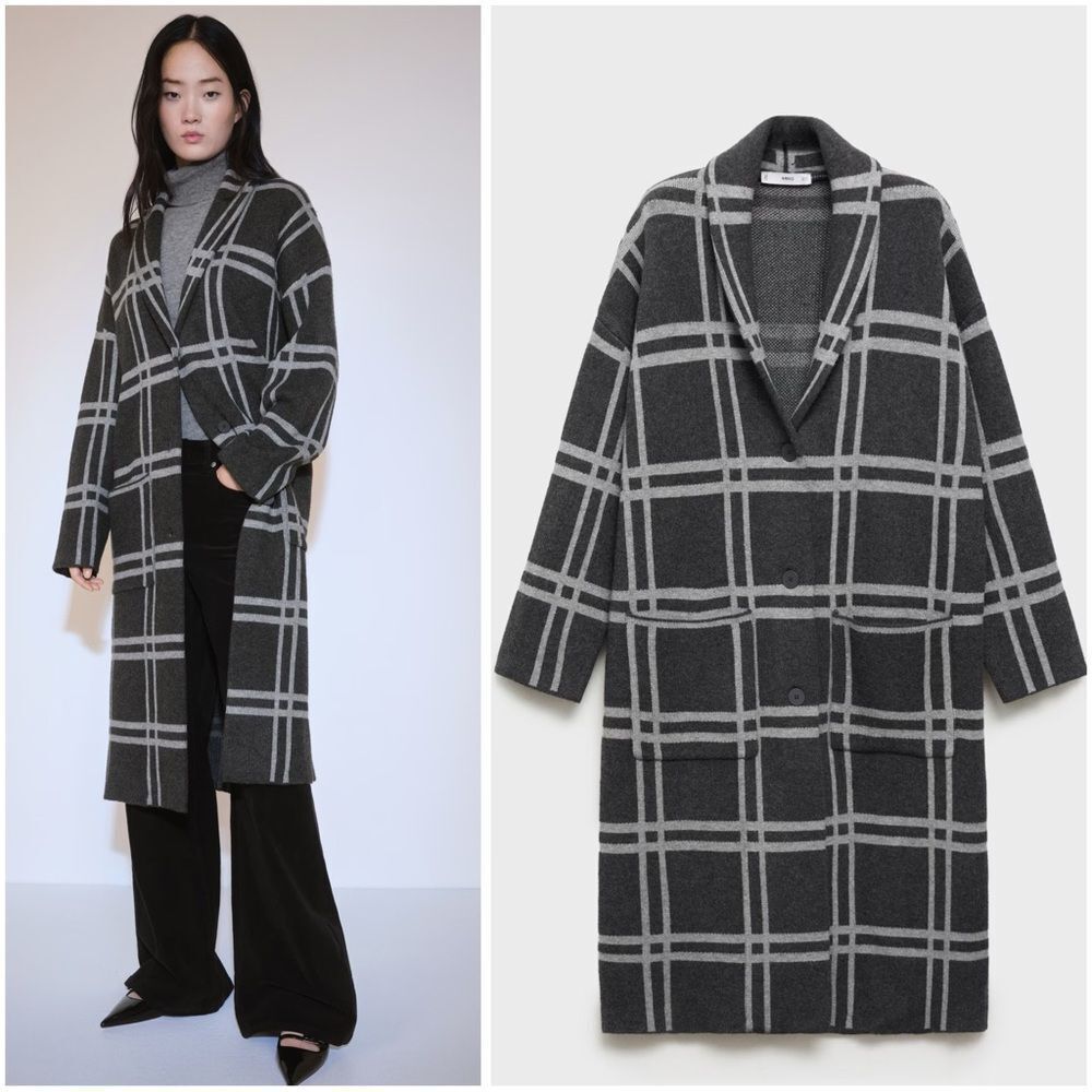 Mango Charcoal Grey Windowpane Check Knitted Long Coat